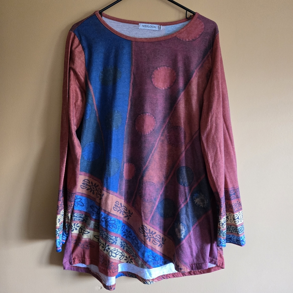 MISSLOOK Colorful Patchwork Boho Long Sleeve Top PTP=20.5"